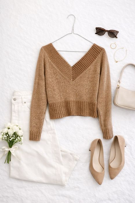 Beżowy sweter z dekoltem w serek S 36