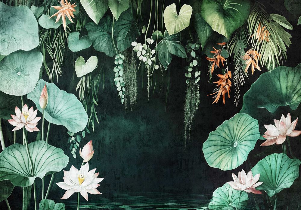 Fototapeta Ciemna Zieleń Kwiaty Liście Woda Dżungla Tropiki 3D + KLEJ