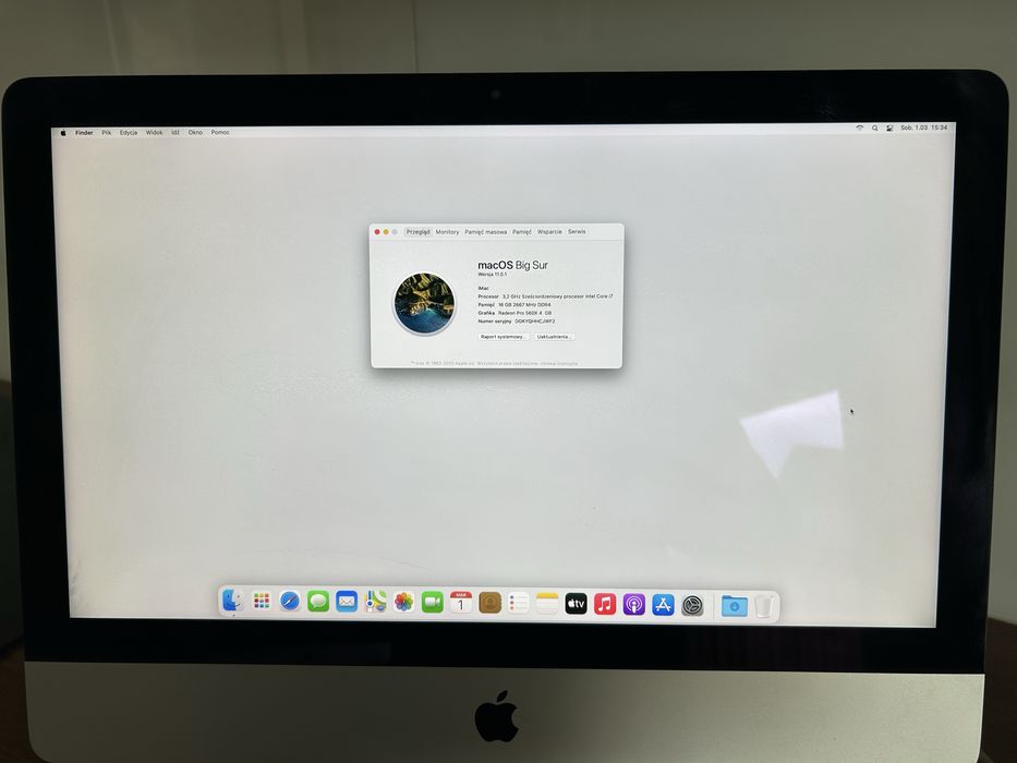 APPLE iMAC A2116 4K i7 3.2GHz 16GB 1TB SSD RP560X 4GB Pęknięta szyba!