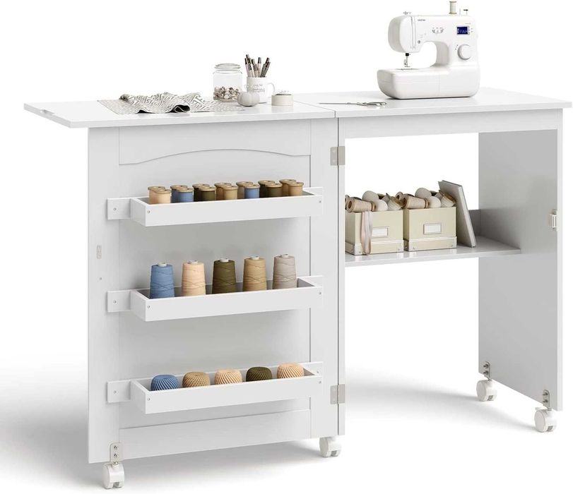Mesa de costura ou secretária branca extensível com arrumação e rodas