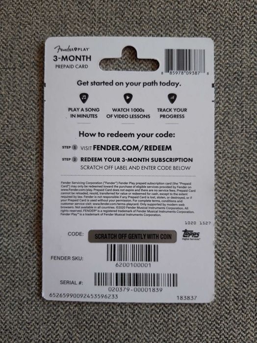 Cartão "Fender Play" para ensino online de guitarra