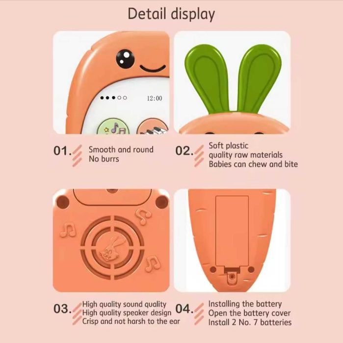 НОВЫЙ Детский игрушечный музыкальный телефон в виде морковки кнопочный
