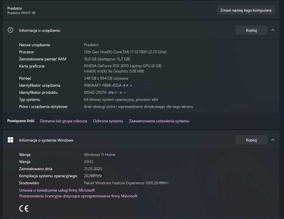 Acer Predator Helios 300 17.3 cali RTX 3070, 16 ram, i7 12700H