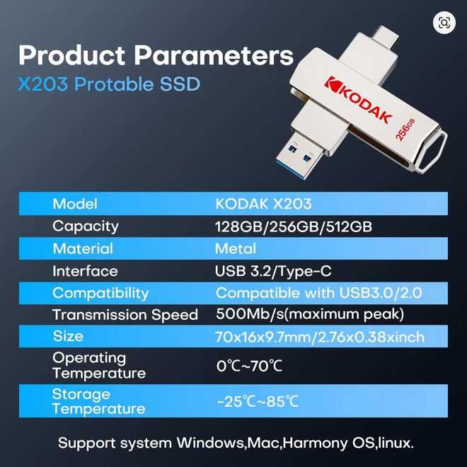 Портативний SSD-флешка Kodak X203 256GB USB 3.2 Gen 2 для iPhone та PC