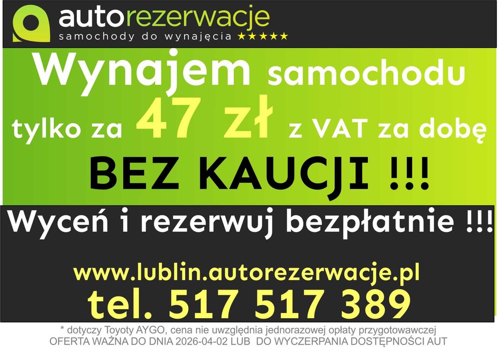 Wynajem samochodu/aut wypożyczalnia samochodów za 47 zł za dobę