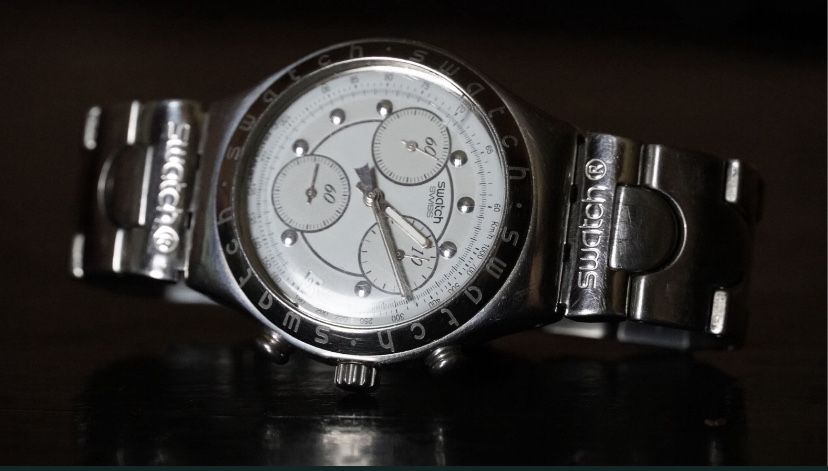 Szwajcarski zegarek SWATCH Irony 4 stainless męski bransoleta lata 90
