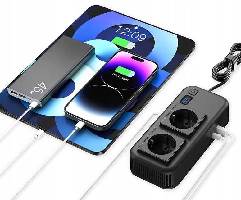 Przetwornica 12V 24V na 230V 200W Samochodowa TIR Laptop USB-C