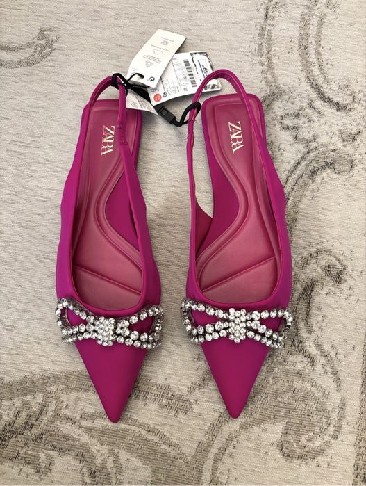 Zara różowe baleriny slingback mule z ozdobną kokardą z kamieni kamienie broszki kokarda