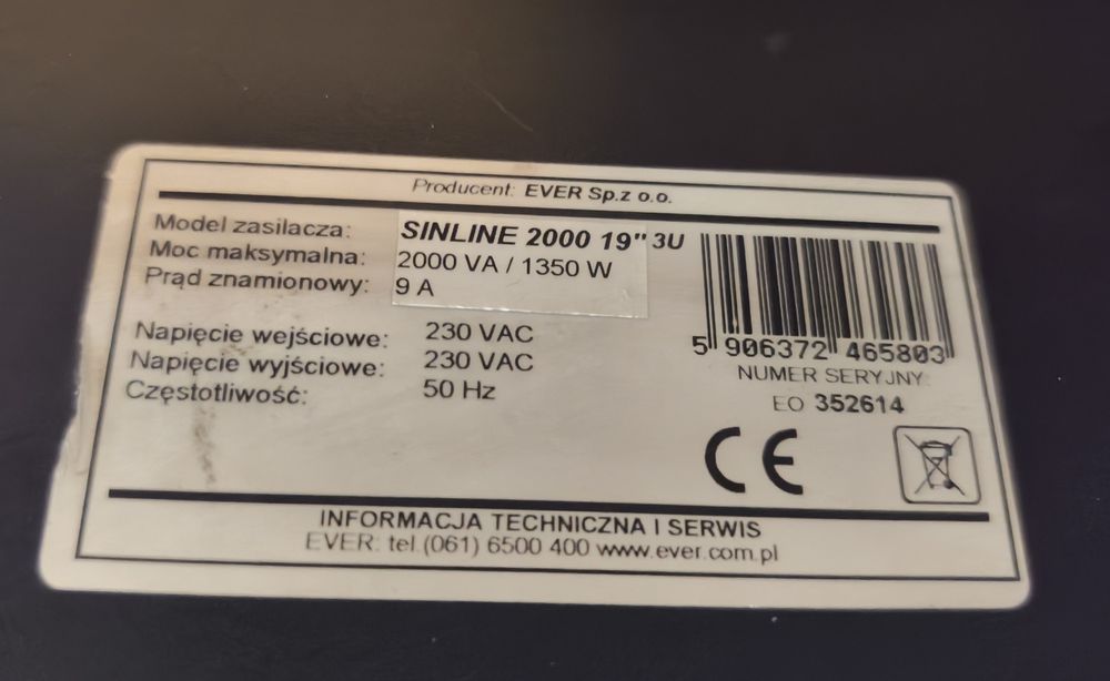 Zasilacz awaryjny (UPS) Ever Sinline 19'  2000VA 1350W 9A