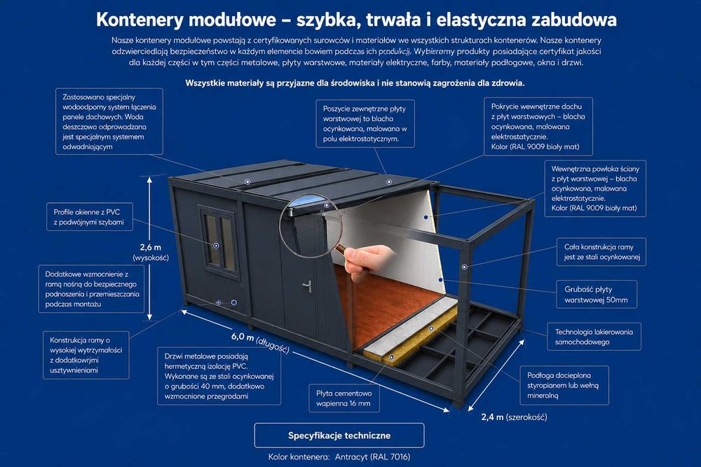 Kontener ANTRACYTOWY 6x2,4 - biurowy, budowlany, pawilon . OD RĘKI !!!