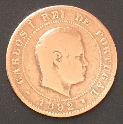 10 Reis Bronze Coin - King Carlos I with "A" of Paris - 1892