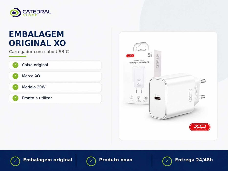 Carregador USB-C 20W XO com Cabo 1m – PD3.0 – Branco – Novo