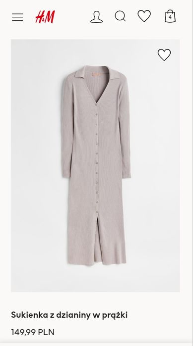 H&M M-XL długa sukienka midi w prążki szaro-beżowa z kołnierzem