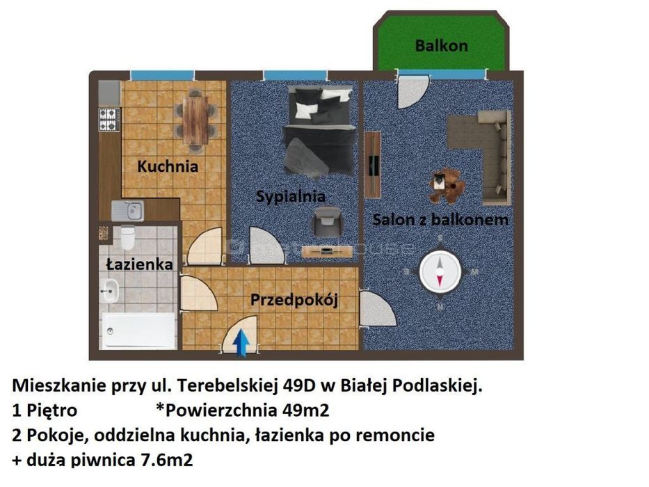 Mieszkanie 49m2, 1 Piętro, 2 pokoje #Terebelska