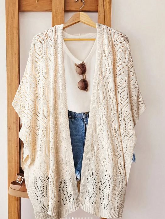 Sweter kardigan ażurowy beżowy oversize kimono boho SHEIN M 38