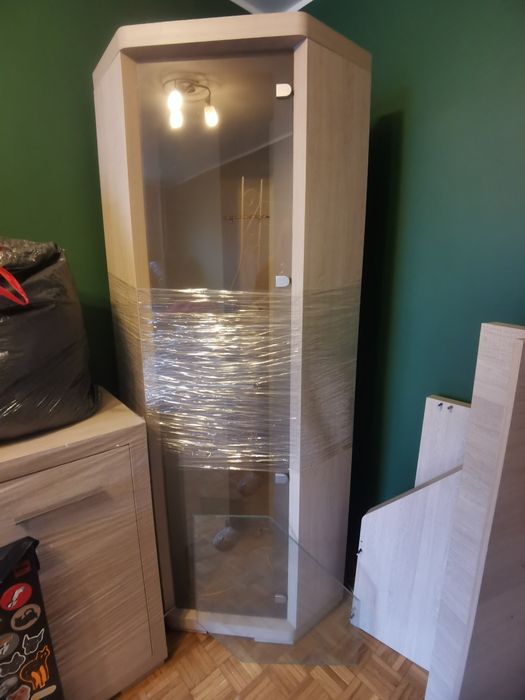 Szafa z szybą i półkami szklanymi led