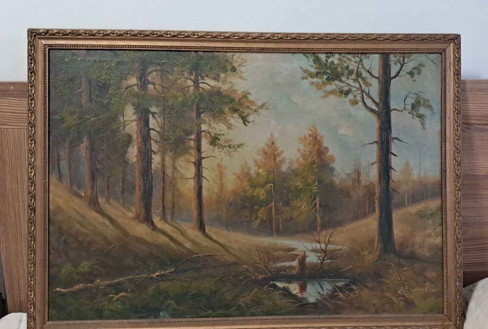 Stary obraz, pejzaż leśny, wymiary 53 cm x 75 cm
