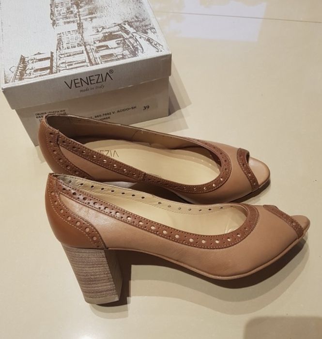 czółenka nowe venezia peep toe brązowe klasyczne retro