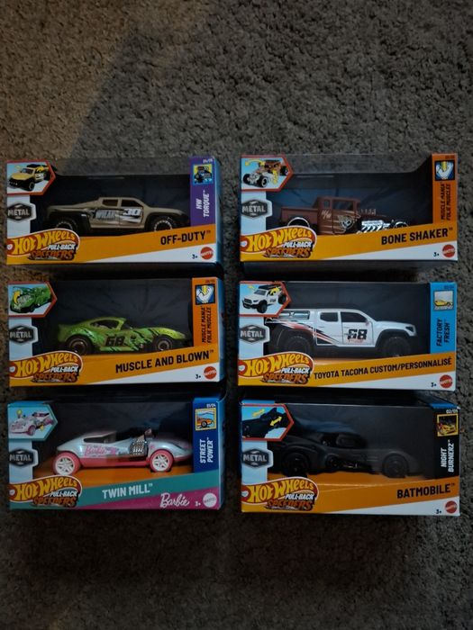 6 Hot Wheels Pull Back Speeders (Barbie Batman Muscle Toyota off bone)