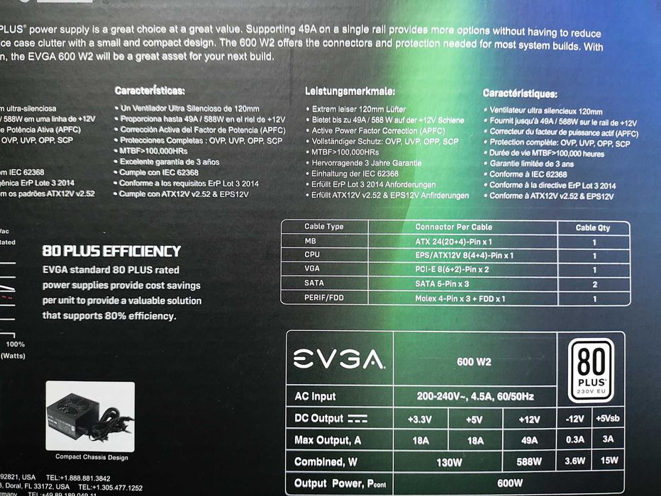Fonte de alimentação EVGA 600W2 80 Plus Standard