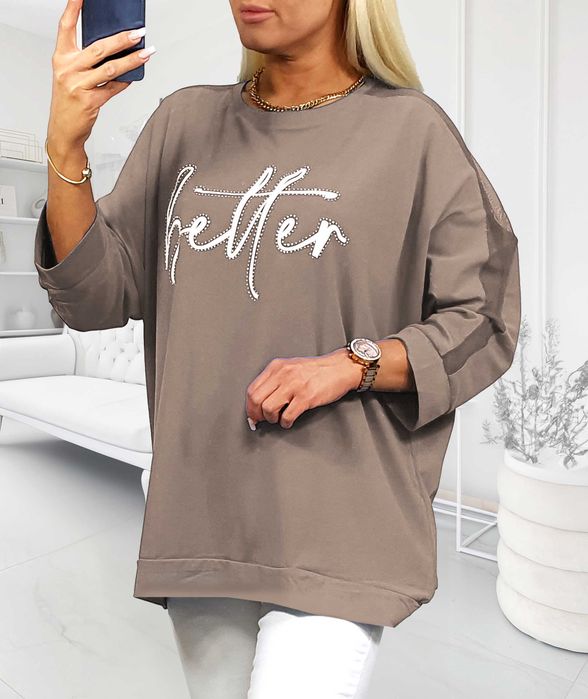 Świetna bluzka tunika MEGI bezowa r.XL i 2XL dżety napis Better siatka
