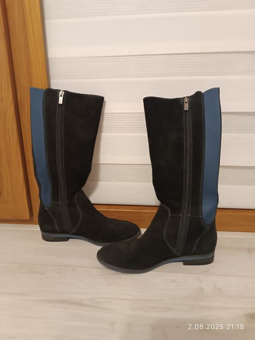 Buty zimowe kozaki granatowe wysokie muszkieterki 35