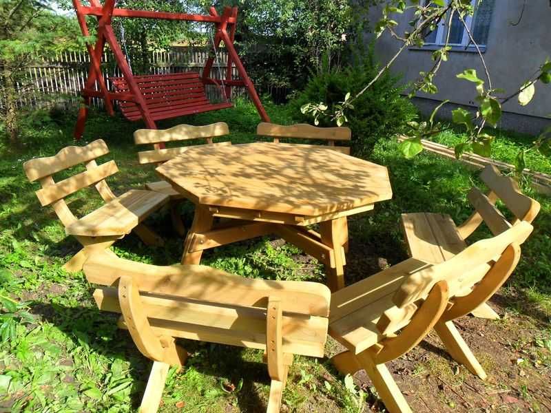 Stół sześciokątny 10 cm 6 ławek 90 cm grube deski 5 cm na 16 osób