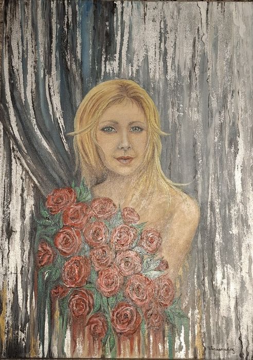 Obraz olejny ,,Dziewczyna z różami" 50-70cm