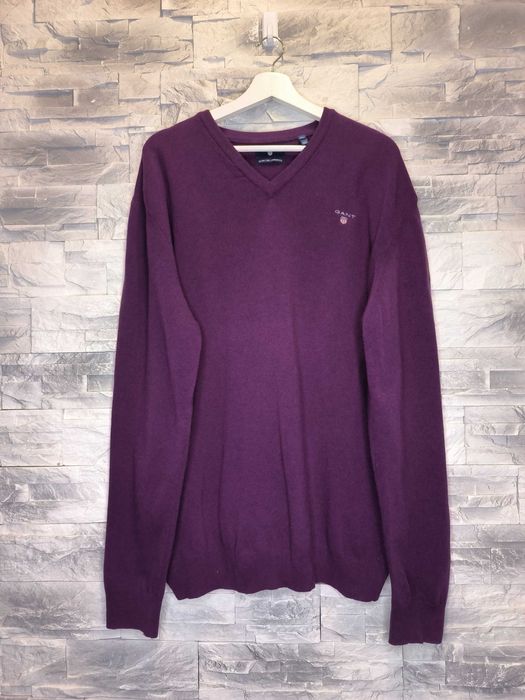 Sweter Wełniany Gant Wełna Fiolet Logo Serek Męski