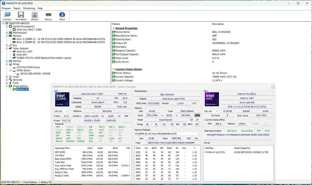Portátil Dell Pro MAX 16 Ultra 7 64GB Memória RAM 1TB SSD Duas Gráficas (Nvidia RTX PRO 2000 8GB + Intel Arc 32GB) WIN 11 PRO