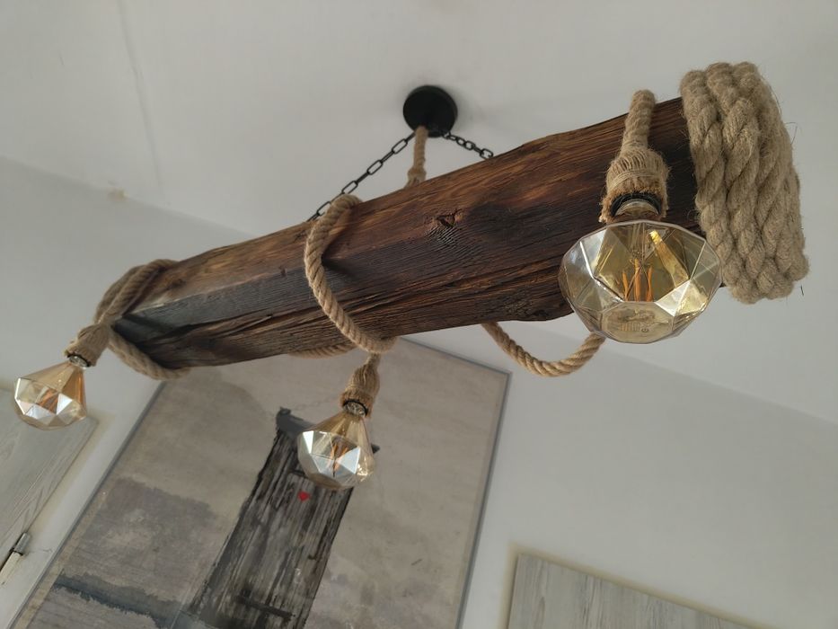Lampa sznur jutowy 3xe27 belka rustykalna loft handmade klosze