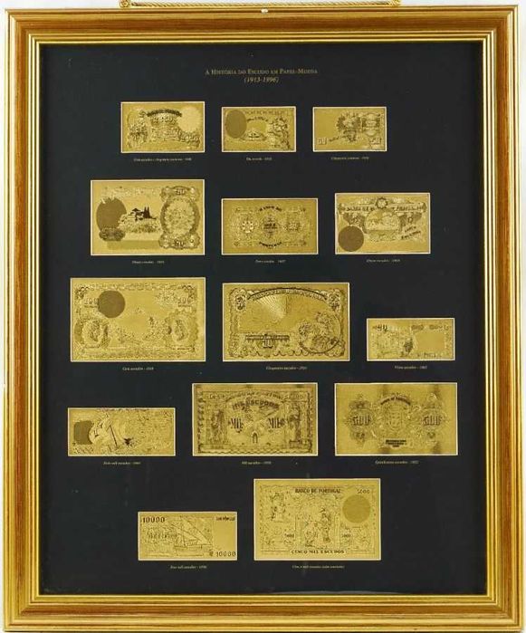 Papel Moeda português -  14 fac-símiles sobre folha de ouro