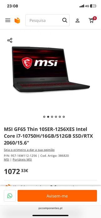 Portátil Gaming MSI GF65 Thin 10SER – Alto Desempenho