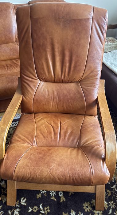 Komplet wypoczynkowy retro - sofa + 2 fotele, skóra naturalna