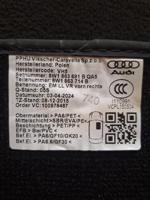 Dywaniki werulowe Audi A4 B9 Oryginalne
