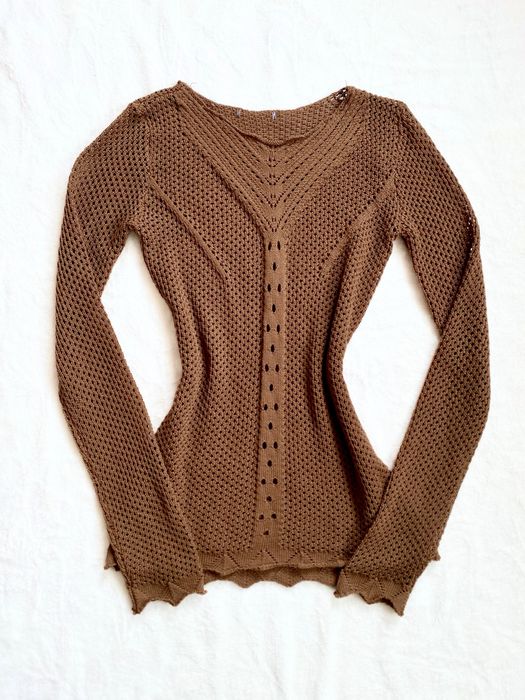 Jasna brązowa ażurowa bluzka długi rękaw S 36 M 38 guess vintage 00s