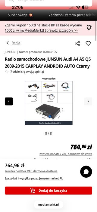 Radio samochodowe JUNSUN Audi A4 A5 Q5 2009-2015 CARPLAY ANDROID AUTO Czarny