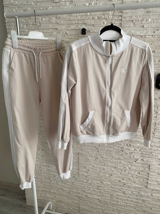 Rezerwacja Beżowy dres set z białymi lampasami bluza zip stójka + joggery