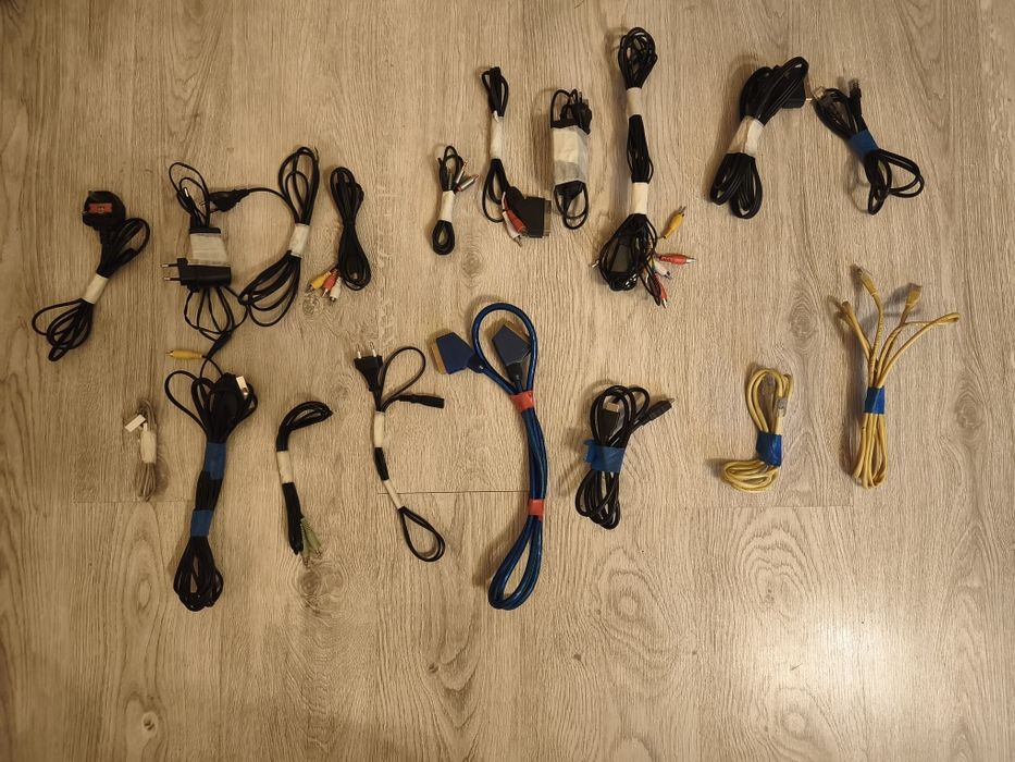 Mega zestaw kabli HDMI, SCART, RCA, Ethernet, Jack i zasilaczy
