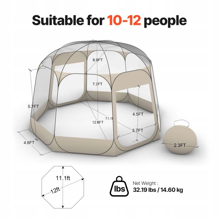 Namiot kempingowy VEVOR pop-up 366X345X220 cm przezroczysty solidny