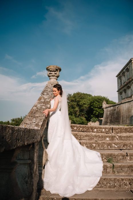 Элегантное винтажное свадебное платье со шлейфом, А-силует, XS айвори