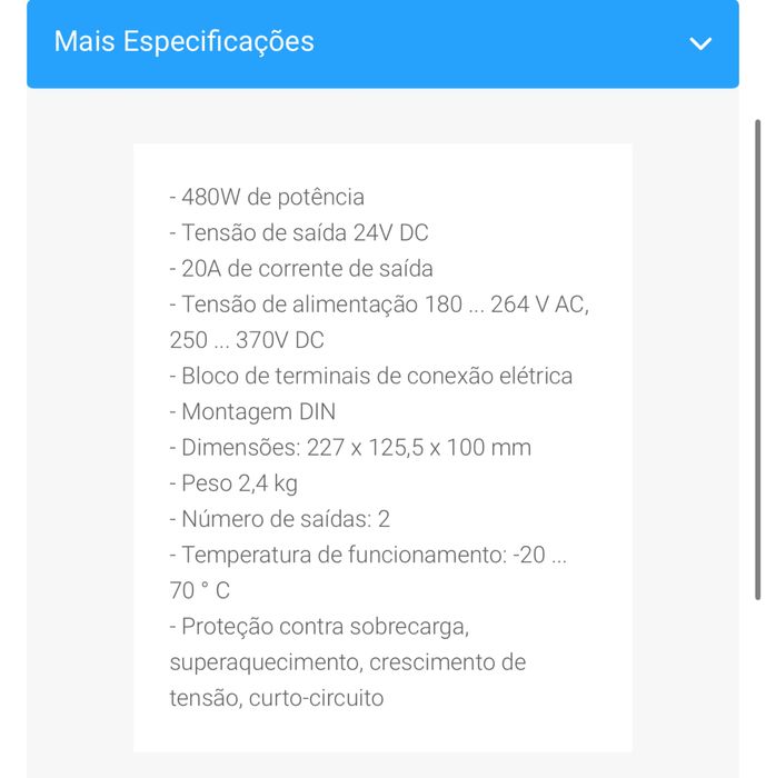 Fonte alimentacao 24VDC  480W  “MW” Mean well - Nova
