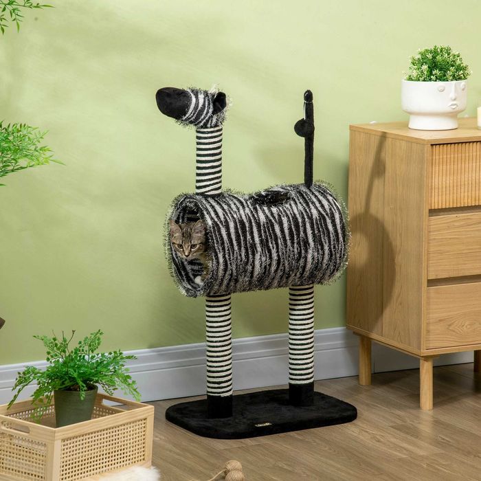 PawHut Drapak w Designie Zebry, 1 Tunelem dla Kota, 3 Drapakami