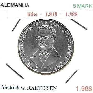 Alemanha - - 5 Mark - 1968-J - Friedrich Raiffeisen - - Moeda de Prata
