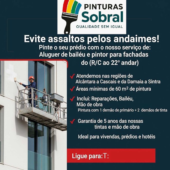 Aluguer de bailéu e pintor para fachadas do (R/C ao 16º andar)