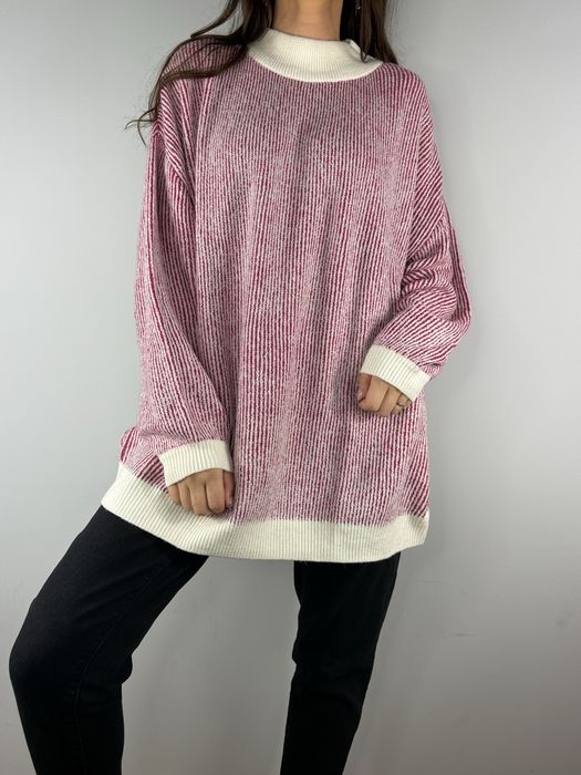 Biały różowy sweter deukolorowy z domieszką wełny Bonprix 48/50