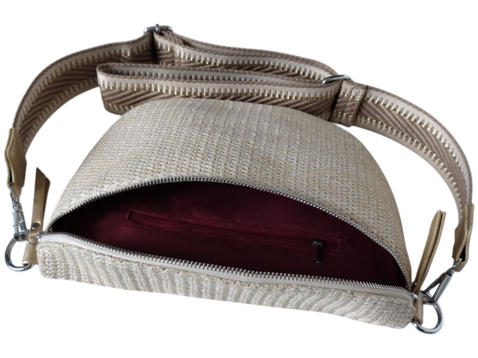 Beżowa Saszetka Damska z Wikliny na Ramię - Torebka Miejska 2 Paski