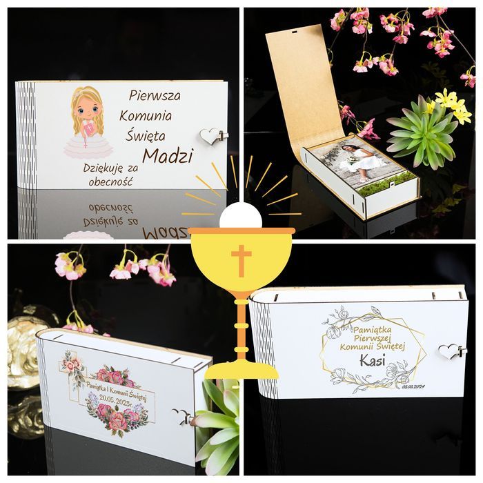 Drewniane pudełko na zdjęcia I Komunia Św miejsce na pendriva