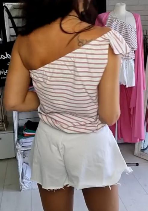 Bluzka na jedno ramię paski różowo białe