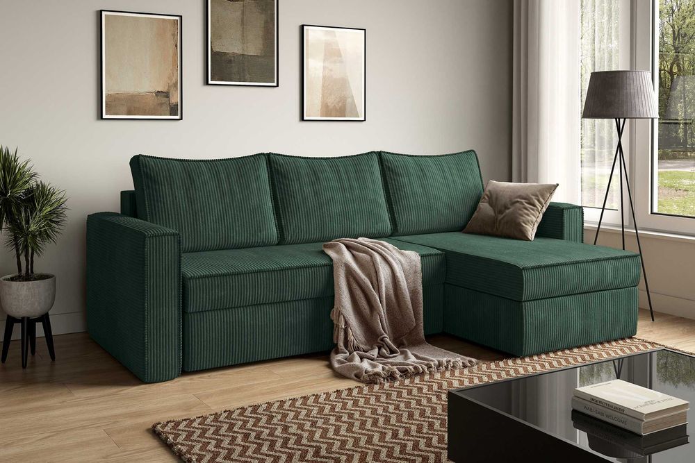 Narożnik Sofia. Sprężyny bonell, 2 pojemniki, sztruks. Szybka dostawa